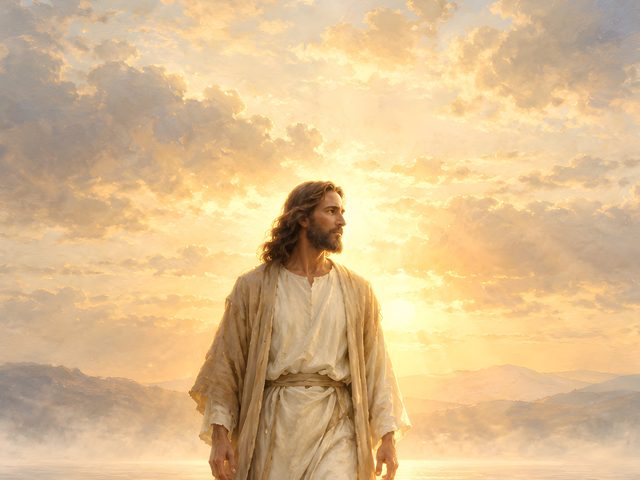 Jesus Walking at Dawn oil-style print, close-up of the oil-style painting