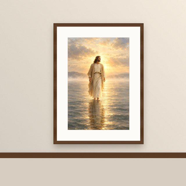 Jesus Walking at Dawn oil-style print, framed and hung on a painted wall above a wooden ledge