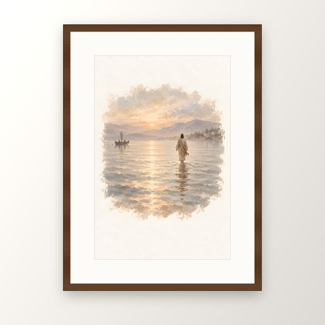 Jesus Walking on Water, watercolor print, framed