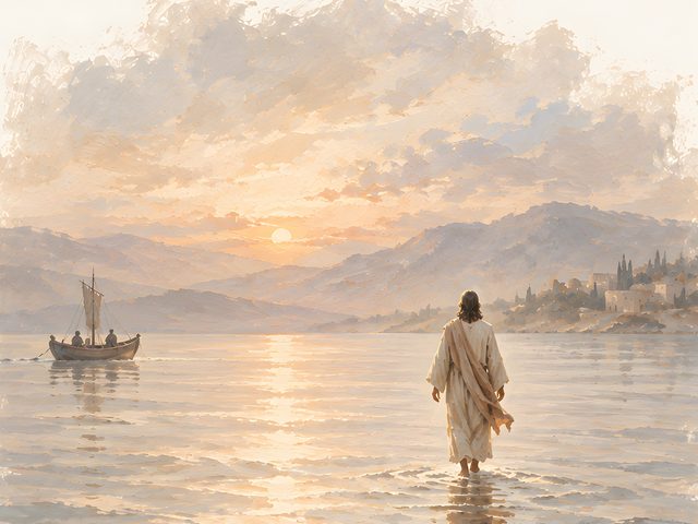 Jesus Walking on Water watercolor print, close-up of the watercolor painting