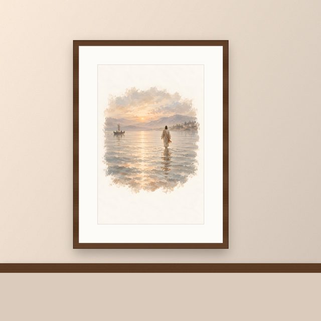 Jesus Walking on Water, watercolor print, framed on a wall