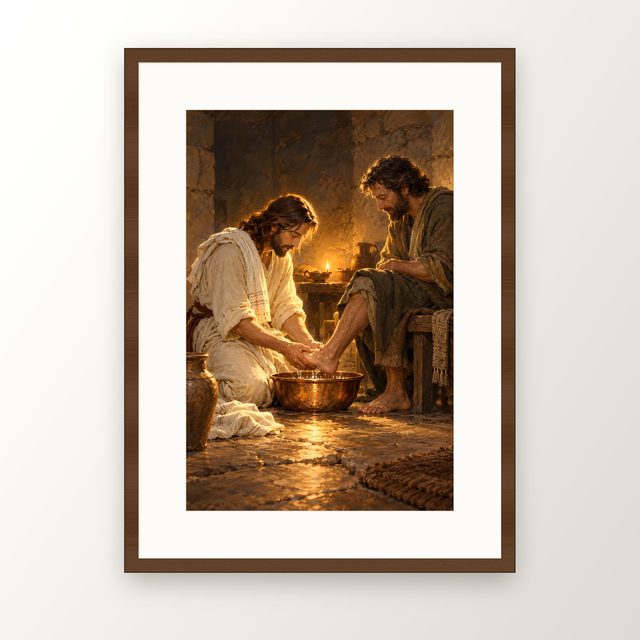 Jesus Washing Feet oil-style print, in a walnut frame with a white mat