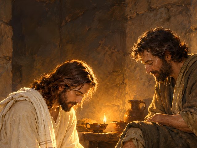 Jesus Washing Feet oil-style print, close-up of the oil-style painting