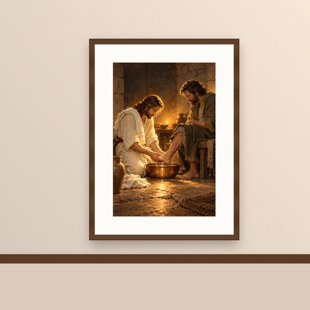 Jesus Washing Feet oil-style print, framed and hung on a painted wall above a wooden ledge