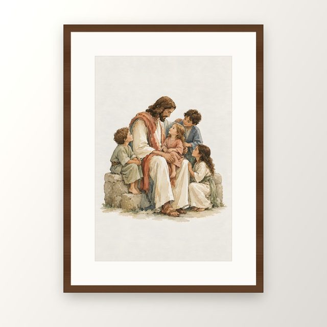 Jesus With Children, watercolor print, framed