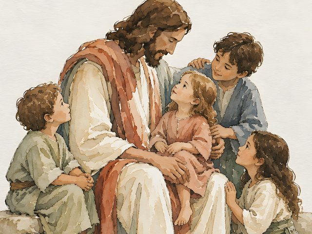 Jesus With Children watercolor print, close-up of the watercolor painting