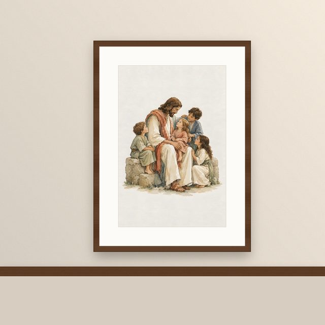 Jesus With Children, watercolor print, framed on a wall