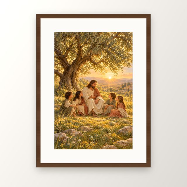 Jesus With Kids oil-style print, in a walnut frame with a white mat