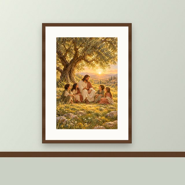 Jesus With Kids oil-style print, framed and hung on a painted wall above a wooden ledge