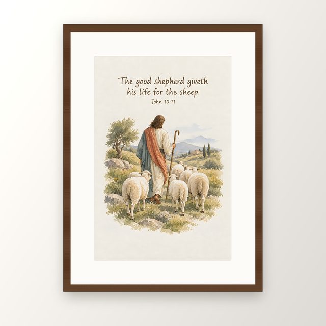 The Good Shepherd Giveth His Life, John 10:11 watercolor print, framed