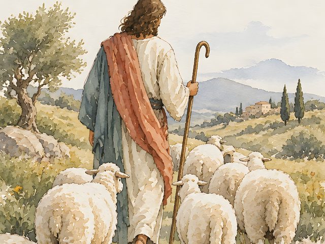 The Good Shepherd Giveth His Life, John 10:11 watercolor print, close-up of the watercolor painting