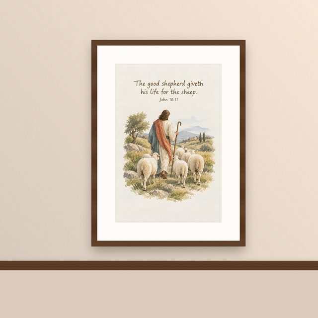 The Good Shepherd Giveth His Life, John 10:11 watercolor print, framed on a wall