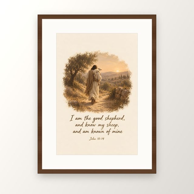 The Good Shepherd Painting, John 10:14 watercolor print, framed