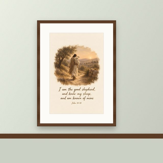 The Good Shepherd Painting, John 10:14 watercolor print, framed on a wall