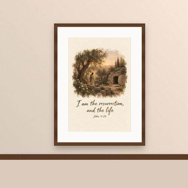 Empty Tomb, John 11:25 watercolor print, framed on a wall