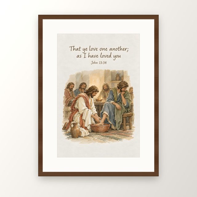 Jesus Washing Feet, John 13:34 watercolor print, framed