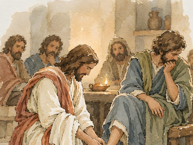 Jesus Washing Feet, John 13:34 watercolor print, close-up of the watercolor painting