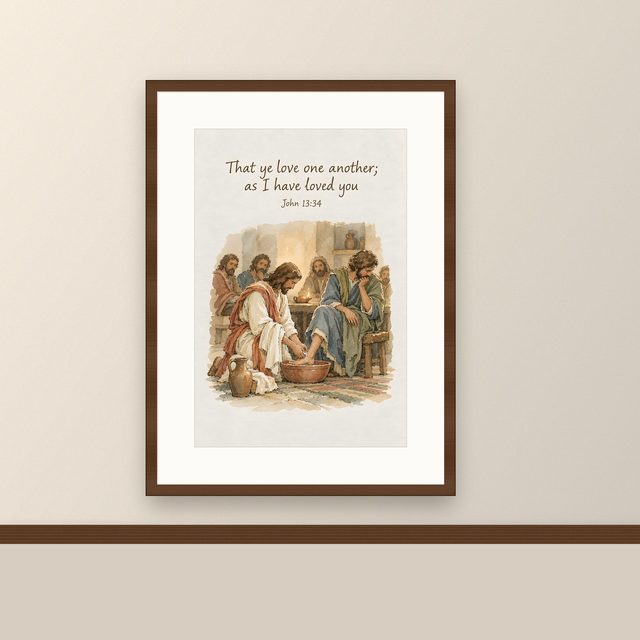 Jesus Washing Feet, John 13:34 watercolor print, framed on a wall