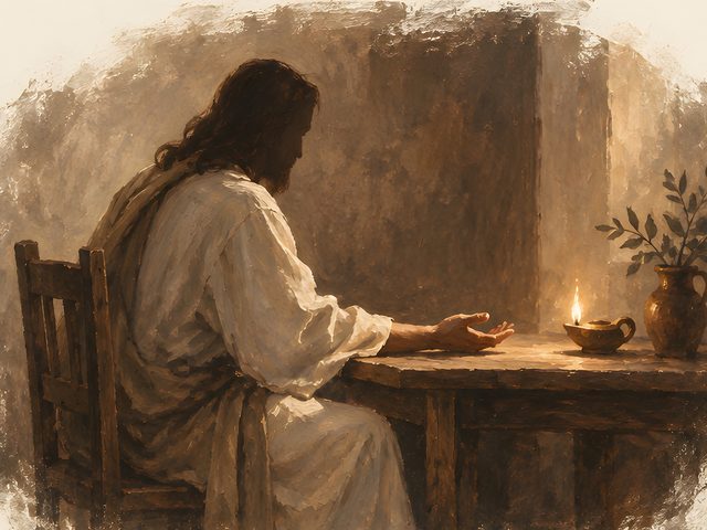 Jesus by Lamplight, John 14:27 watercolor print, close-up of the watercolor painting