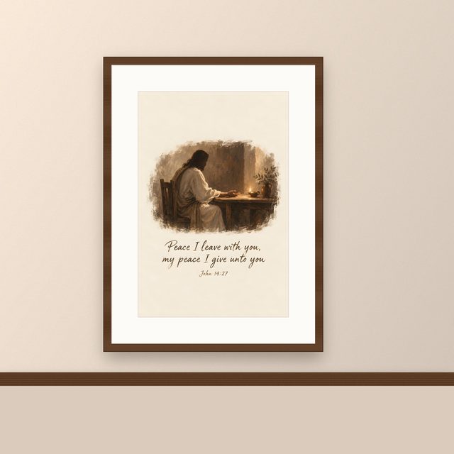 Jesus by Lamplight, John 14:27 watercolor print, framed on a wall