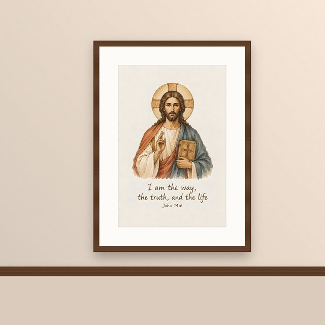Christ Pantocrator, John 14:6 watercolor print, framed on a wall