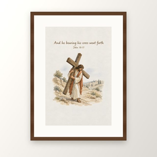 Stations of the Cross, John 19:17 watercolor print, framed