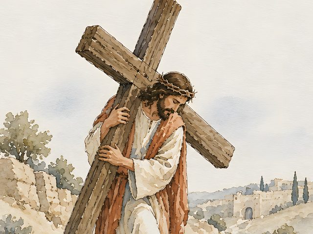 Stations of the Cross, John 19:17 watercolor print, close-up of the watercolor painting