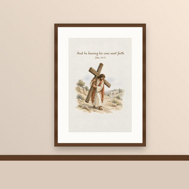 Stations of the Cross, John 19:17 watercolor print, framed on a wall