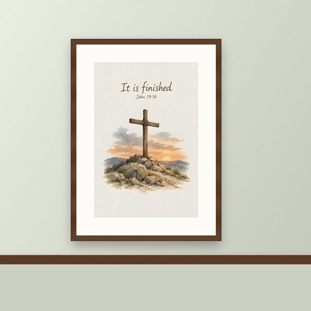 Jesus Paid It All, John 19:30 watercolor print, framed on a wall