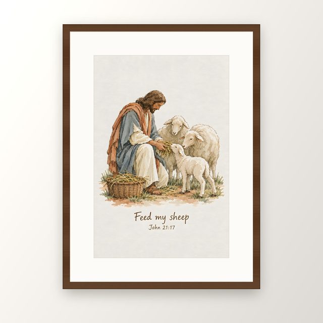 Jesus Feeding the Lambs, John 21:17 watercolor print, framed