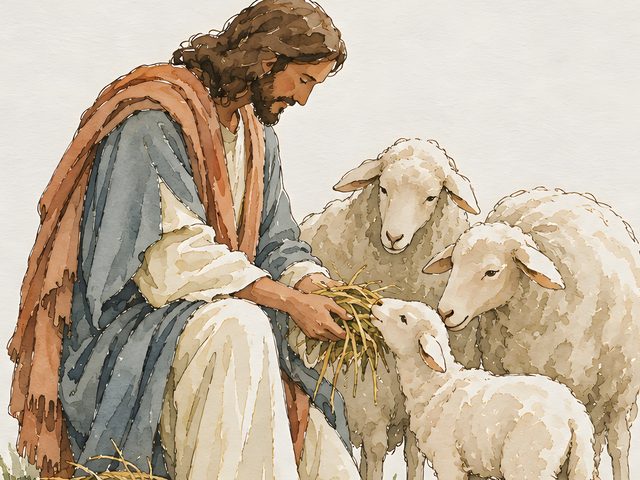 Jesus Feeding the Lambs, John 21:17 watercolor print, close-up of the watercolor painting