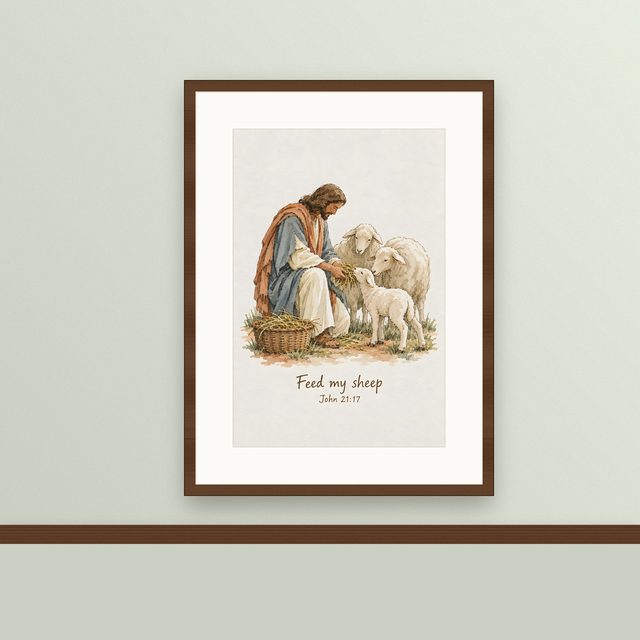 Jesus Feeding the Lambs, John 21:17 watercolor print, framed on a wall