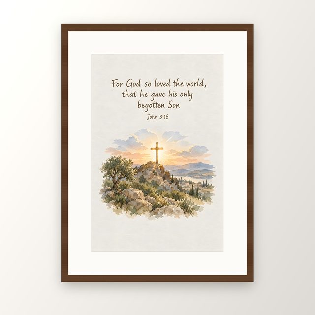 For God So Loved the World, John 3:16 watercolor print, framed