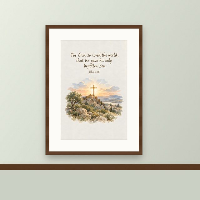 For God So Loved the World, John 3:16 watercolor print, framed on a wall