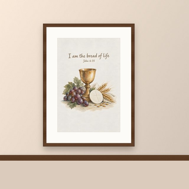 I Am the Bread of Life, John 6:35 watercolor print, framed on a wall