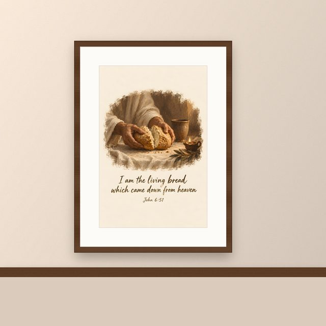 Holy Communion, John 6:51 watercolor print, framed on a wall