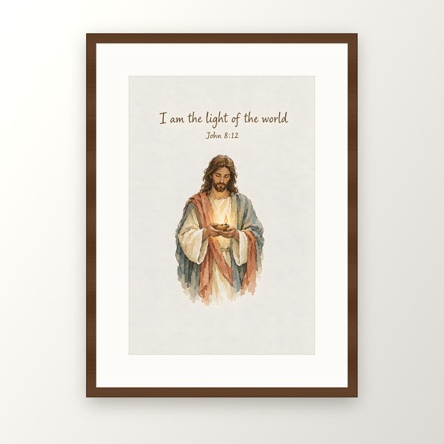 I Am the Light of the World, John 8:12 watercolor print, framed