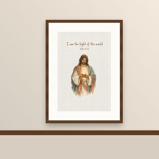 I Am the Light of the World, John 8:12 watercolor print, framed on a wall