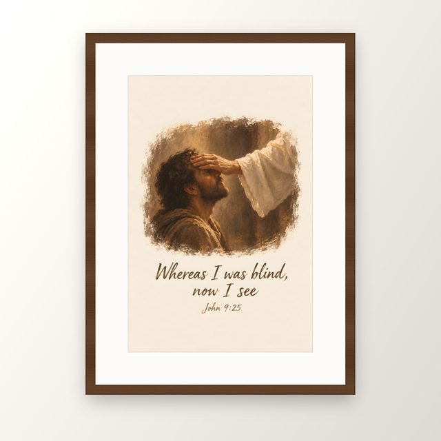 The Healing Touch, John 9:25 watercolor print, framed