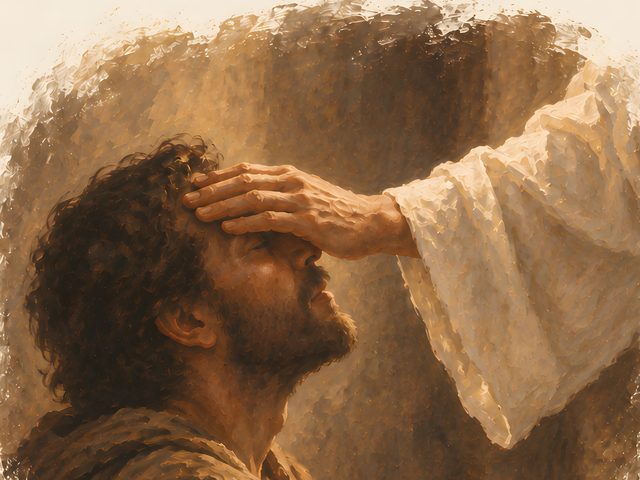 The Healing Touch, John 9:25 watercolor print, close-up of the watercolor painting