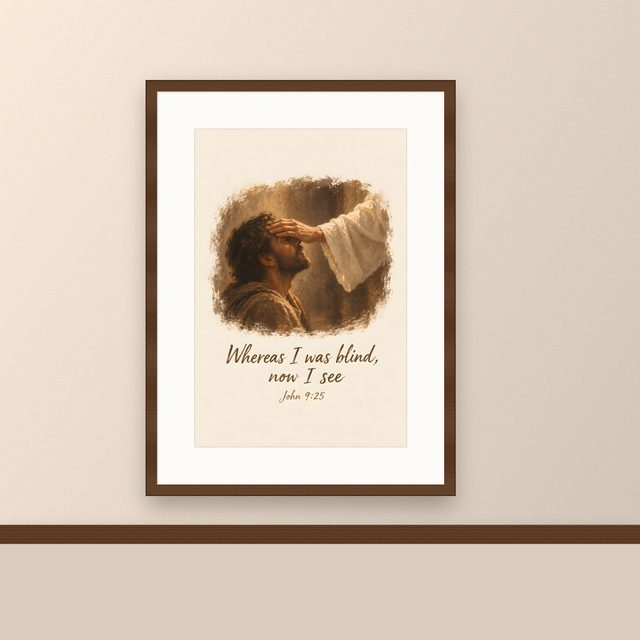The Healing Touch, John 9:25 watercolor print, framed on a wall