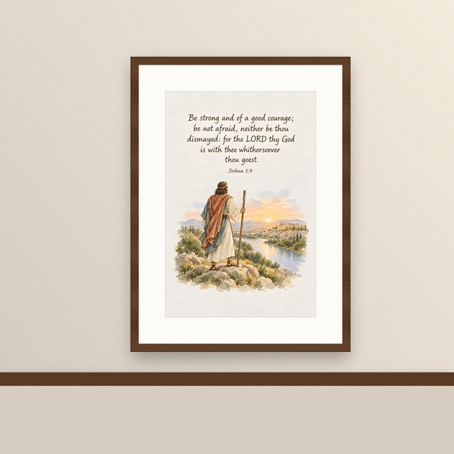 Be Strong and of a Good Courage, Joshua 1:9 watercolor print, framed on a wall