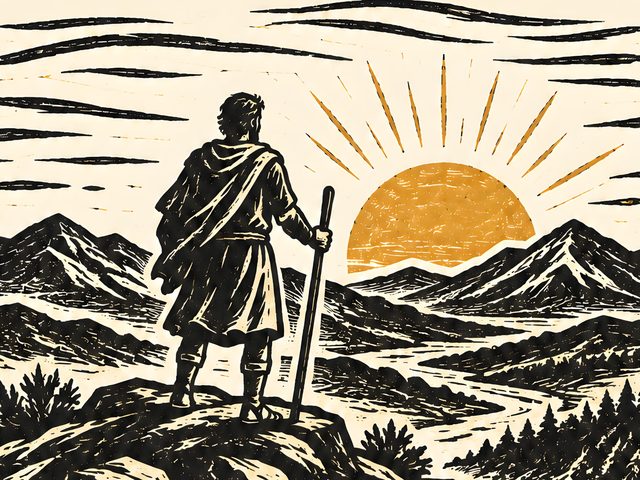 Traveler at Sunrise, Joshua 1:9 watercolor print, close-up of the watercolor painting