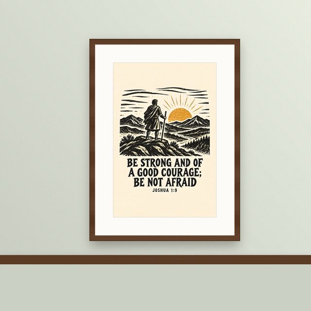 Traveler at Sunrise, Joshua 1:9 watercolor print, framed on a wall