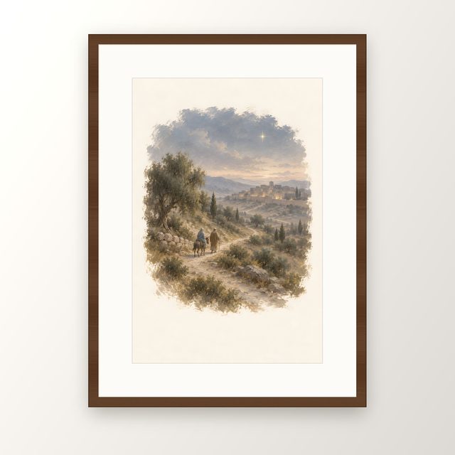 Journey to Bethlehem, watercolor print, framed