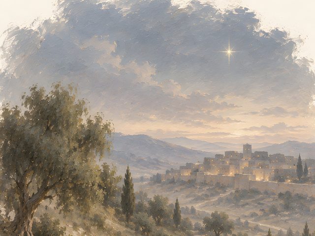 Journey to Bethlehem watercolor print, close-up of the watercolor painting