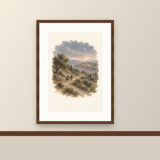 Journey to Bethlehem, watercolor print, framed on a wall