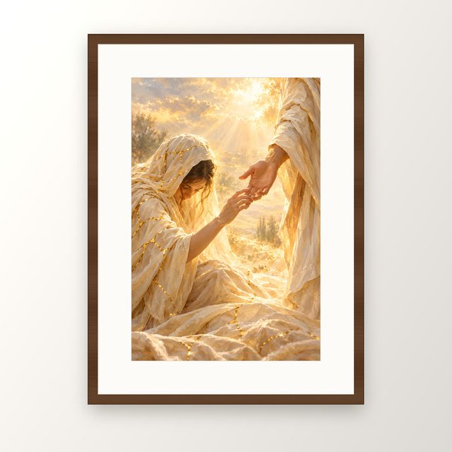 Kintsugi Healing oil-style print, in a walnut frame with a white mat