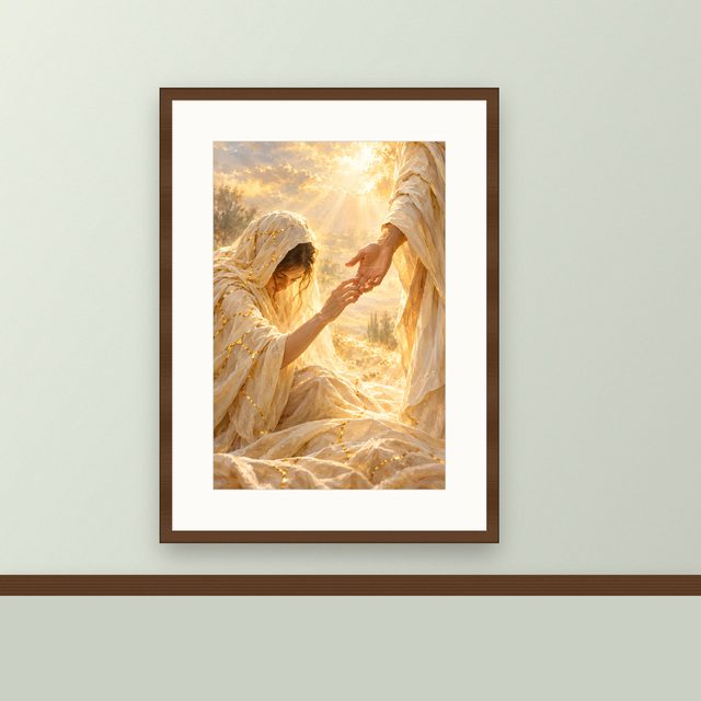 Kintsugi Healing oil-style print, framed and hung on a painted wall above a wooden ledge
