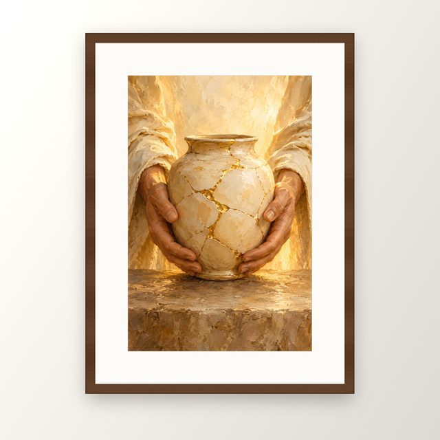 Kintsugi Jar oil-style print, in a walnut frame with a white mat